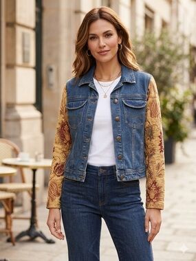 CAbi Rare Vintage Denim Jacket with Gold & Burgundy Tapestry Sleeves (style 161)